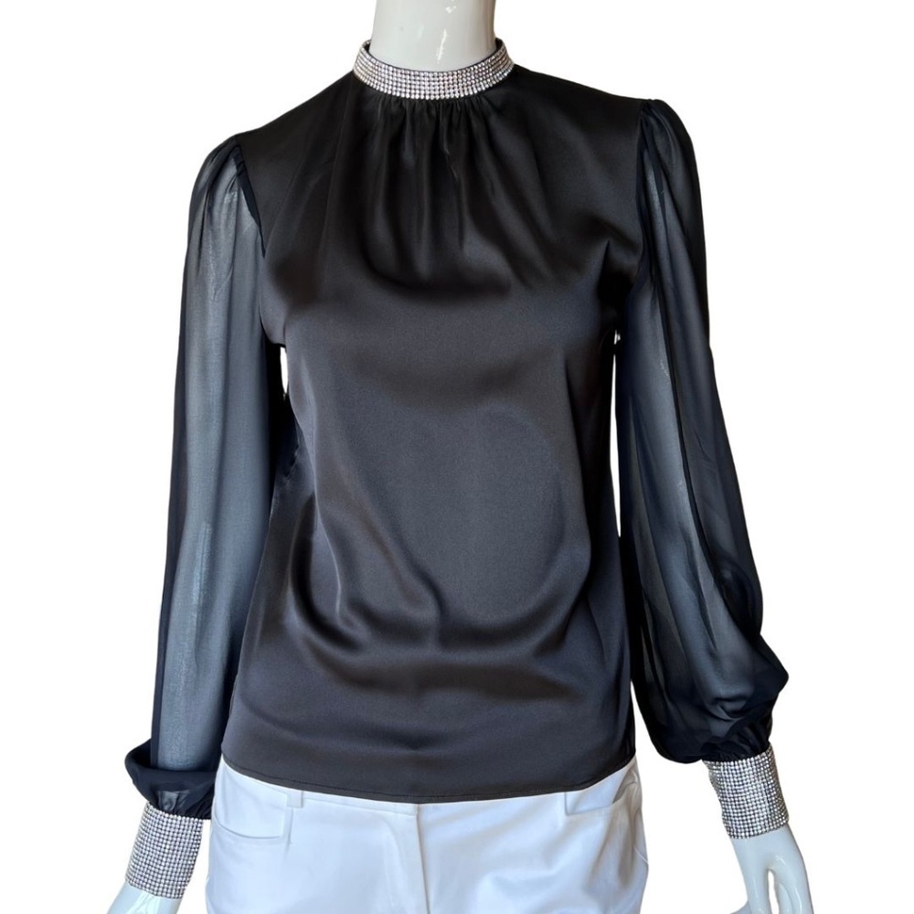 Generation Love Ashley Crystal Trim Black Satin Blouse Sheer Sleeves Sz XS NWOT